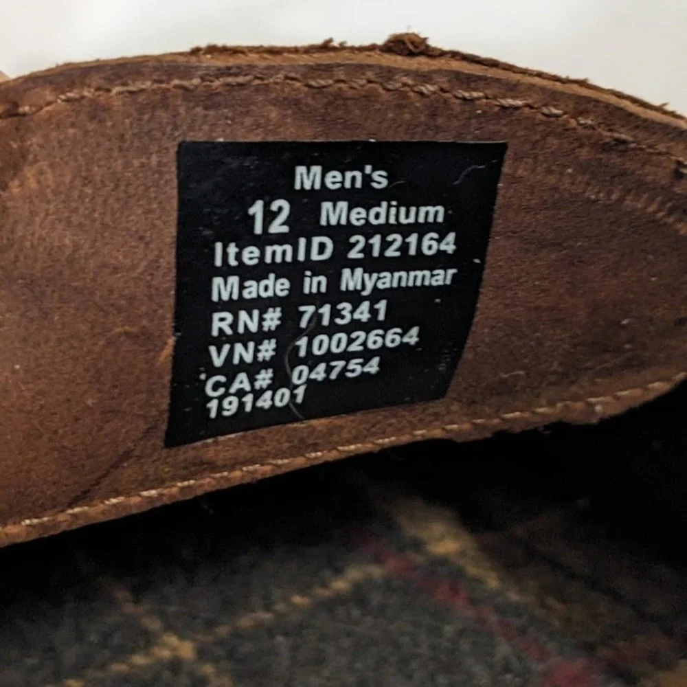LL Bean Mens Leather Moccasin Slippers Brown Plaid Flannel Lined Size 12